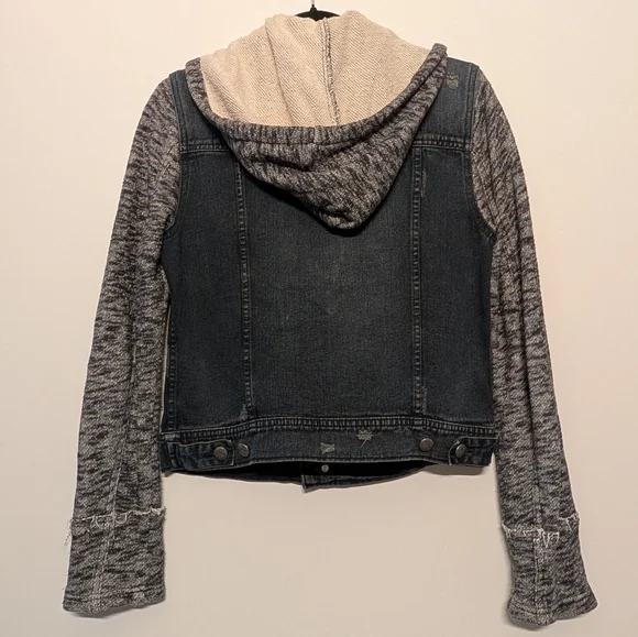Free People Rumors Hooded Denim Jacket | M | Distressed Denim Knit Sleeves Goth - Picture 9 of 15